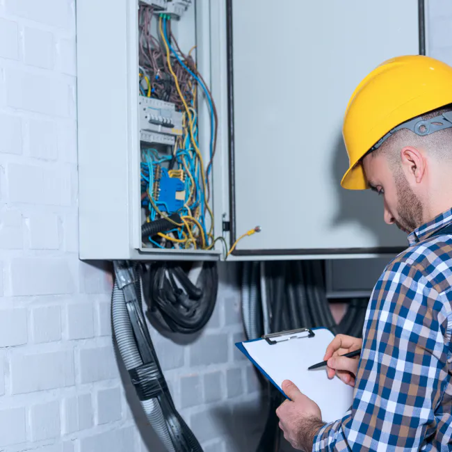 home inspector checking a houses electrical panel tulare ca