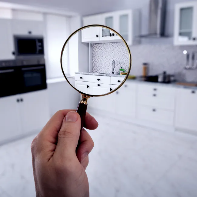 home inspector holding a magnifying glass over a houses kitchen tulare ca